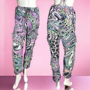 LAB CARTY Designer Joggers Psychedelic Woven Flare Pants Fringe Women’s Size M